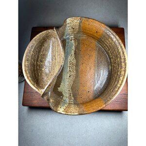 Stoneware Hand-thrown studio art pottery Bowl Platter Chip/Dip tan orange brown